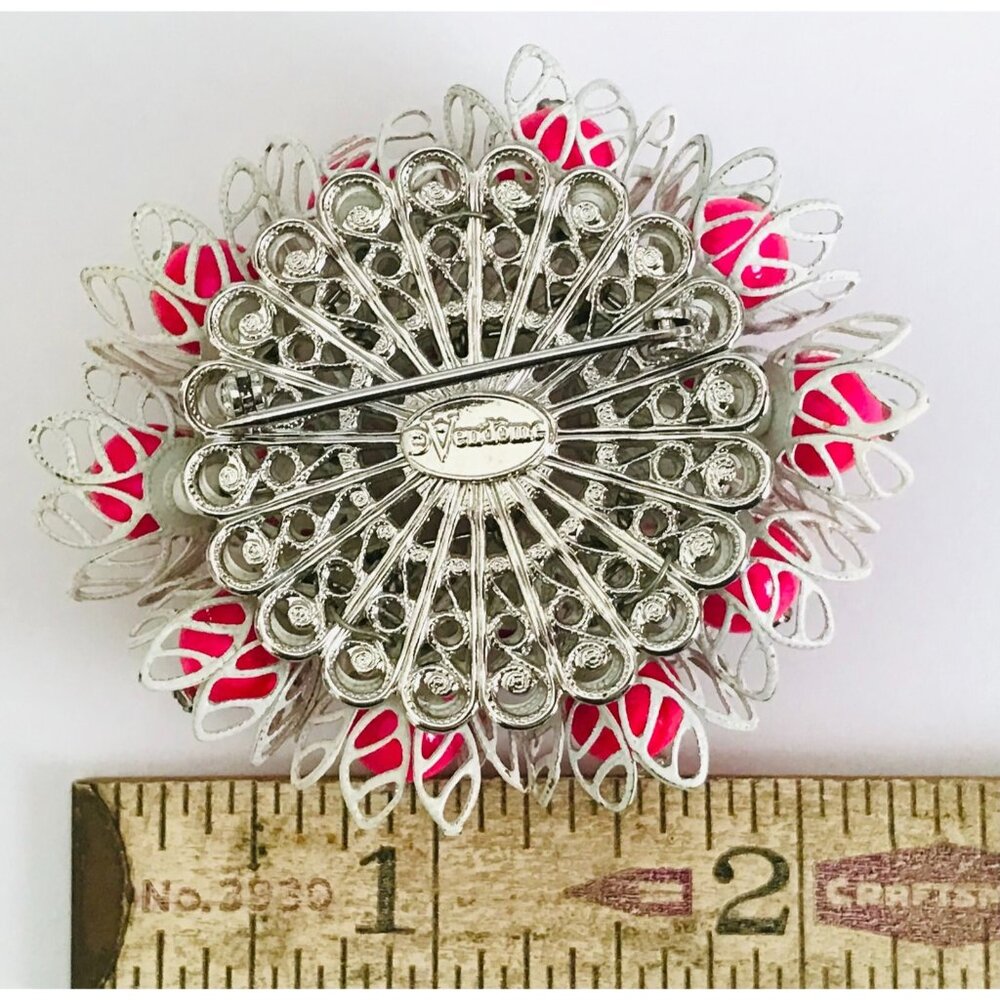 Vintage Vendome Pink Cluster Brooch Enamel Bead Rhinestone Signed 2.5" Estate - Picture 4 of 5